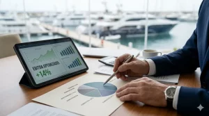 Análisis de costes portuarios: auditor examinando gráfico de Opex y métricas de crecimiento de EBITDA en una Marina.