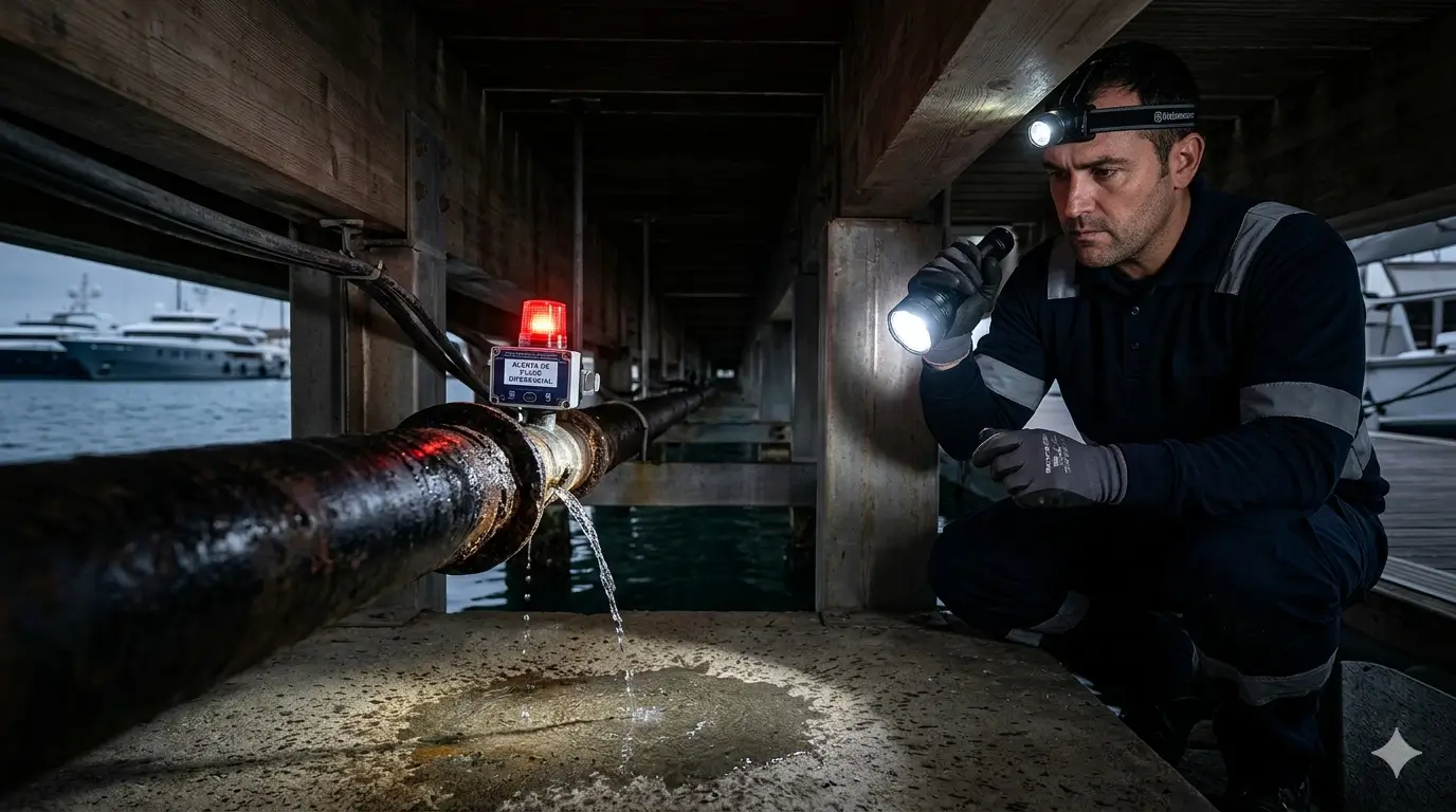 Auditoría de suministros en puertos deportivos: sensor digital detectando fuga de agua bajo pantalán para reducción de costes operativos.
