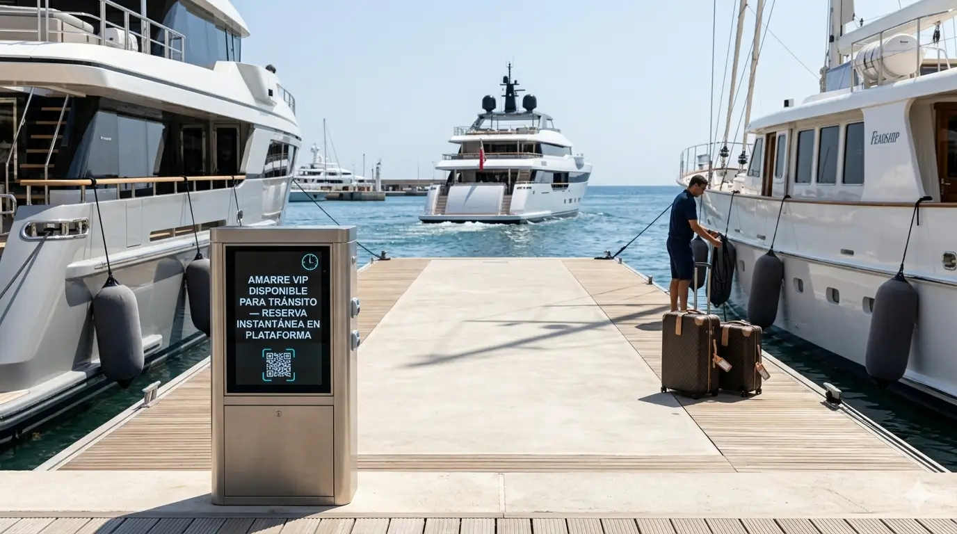 Eficiencia de RRHH en marinas: marinero usando tablet para check-in desatendido y gestión de inventario dinámico de amarres